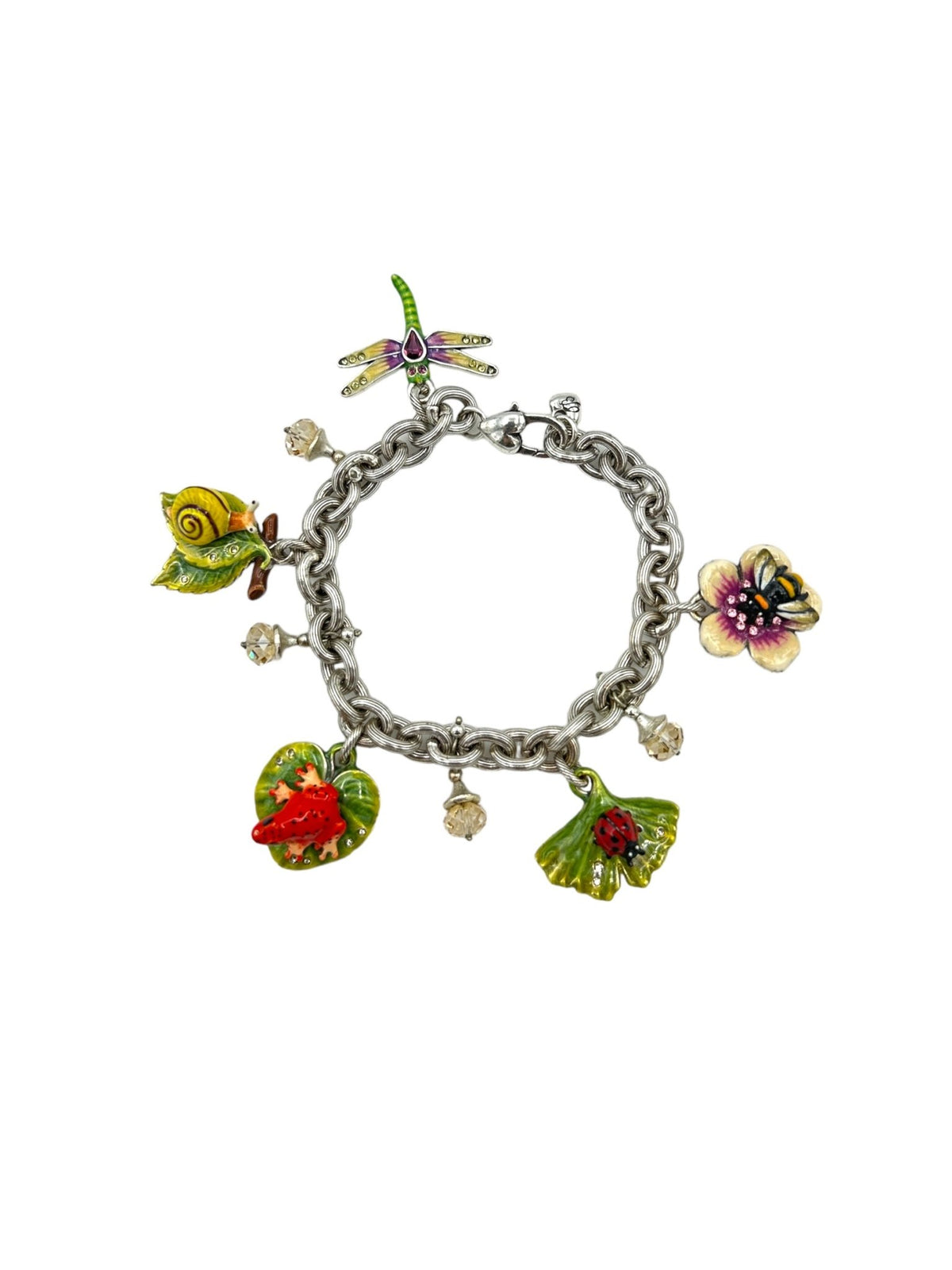 Brighton Retired Jewelry Enamel Floral Pond 'Marvels' Silver Charm Bracelet - 24 Wishes Vintage Jewelry