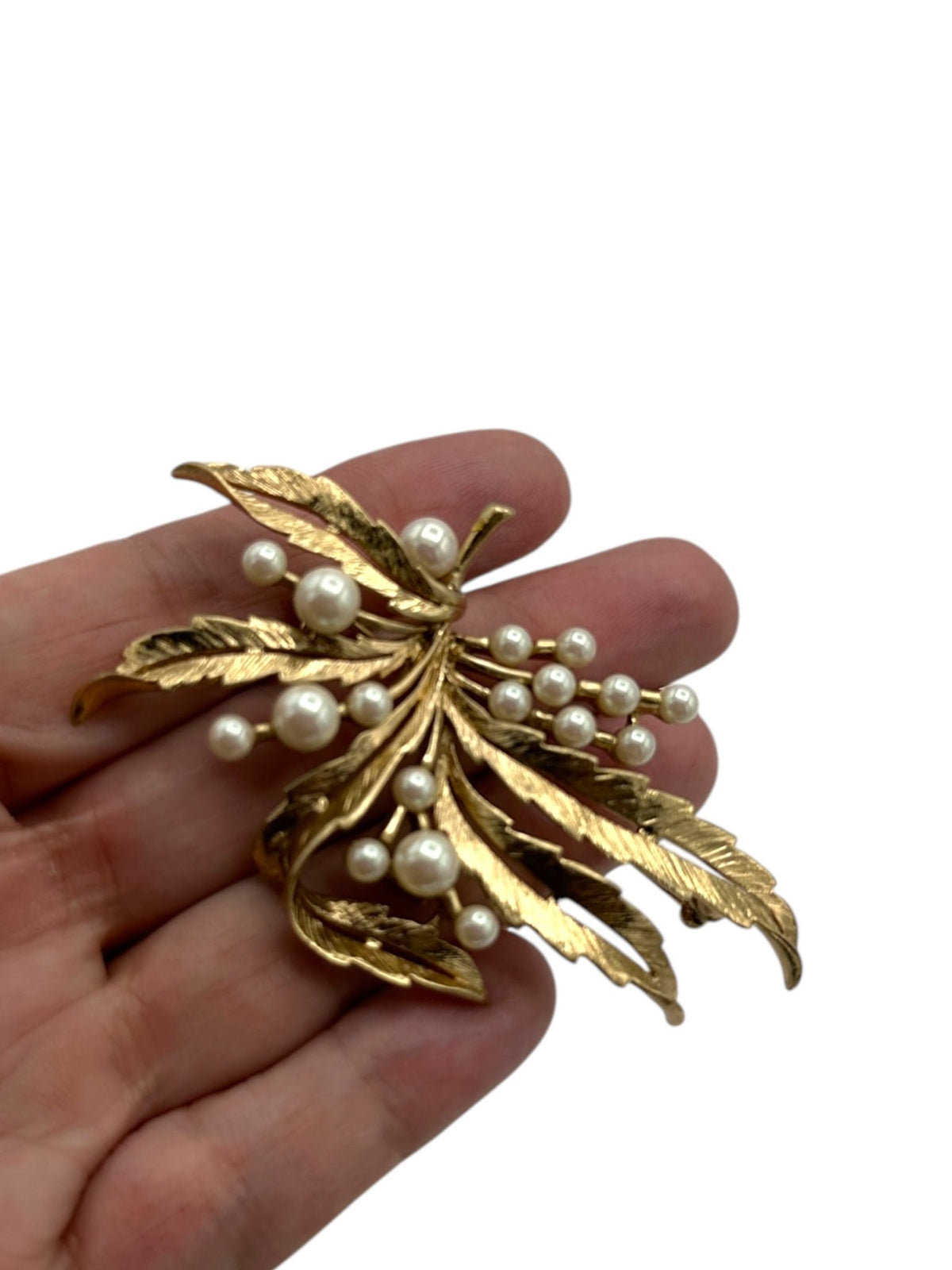 Brooks Brothers Gold Floral Spray Pearl Brooch - 24 Wishes Vintage Jewelry