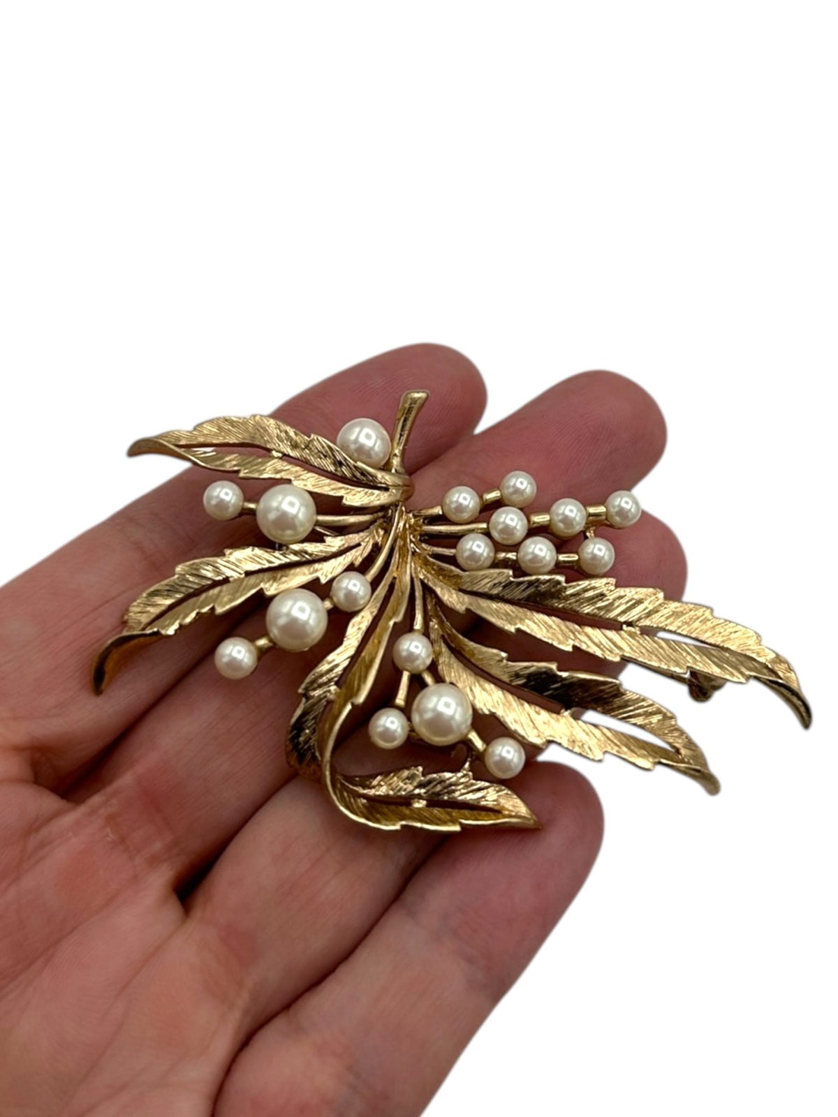 Brooks Brothers Gold Floral Spray Pearl Brooch - 24 Wishes Vintage Jewelry