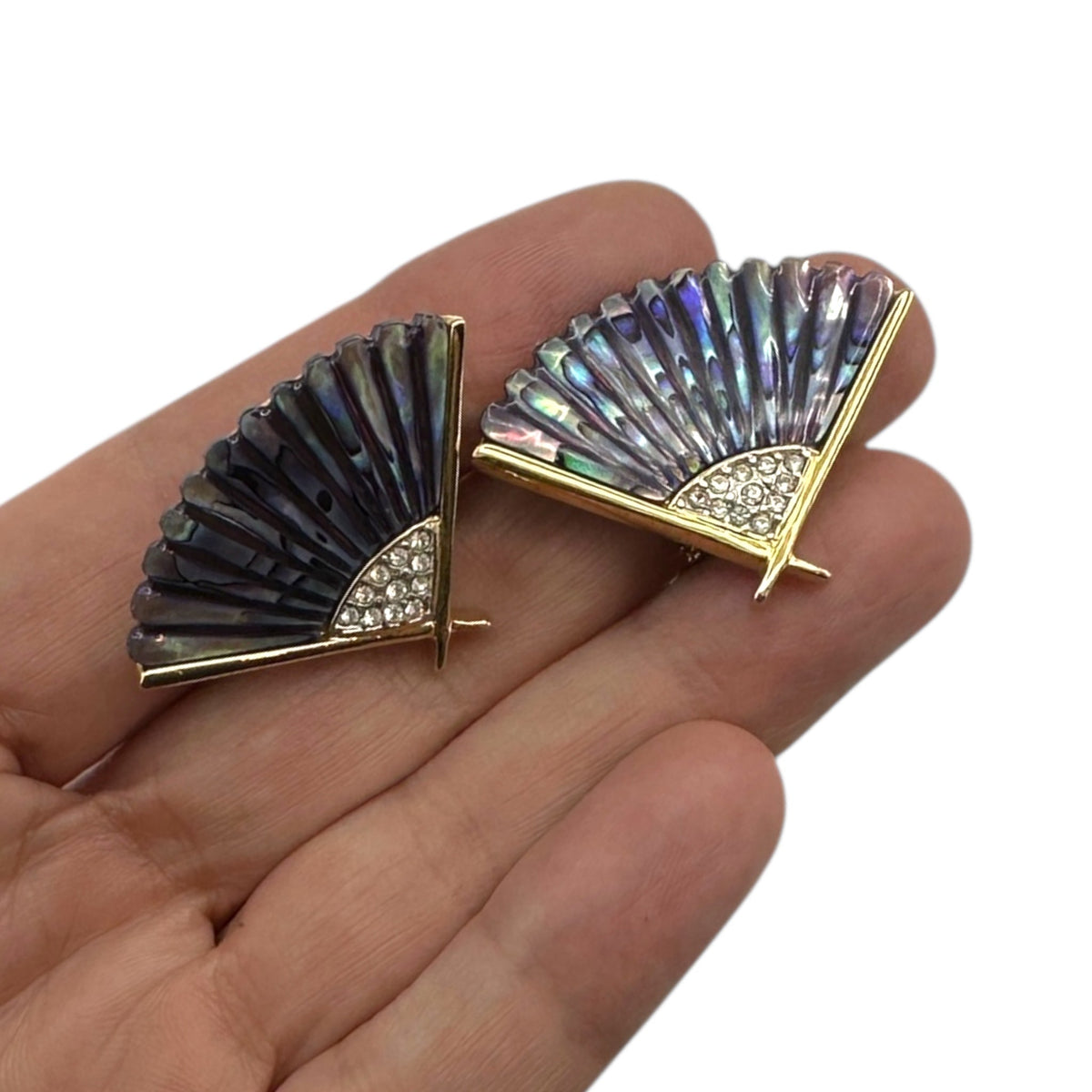 Butler Gold Abalone Fan Brooch & Clip - on Earring Vintage Jewely Set 24 Wishes Vintage Jewelry