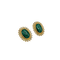 Butler Gold Green Malachite Oval Cabochon Vintage Crystal Halo Pierced Earrings 24 Wishes Vintage Jewelry