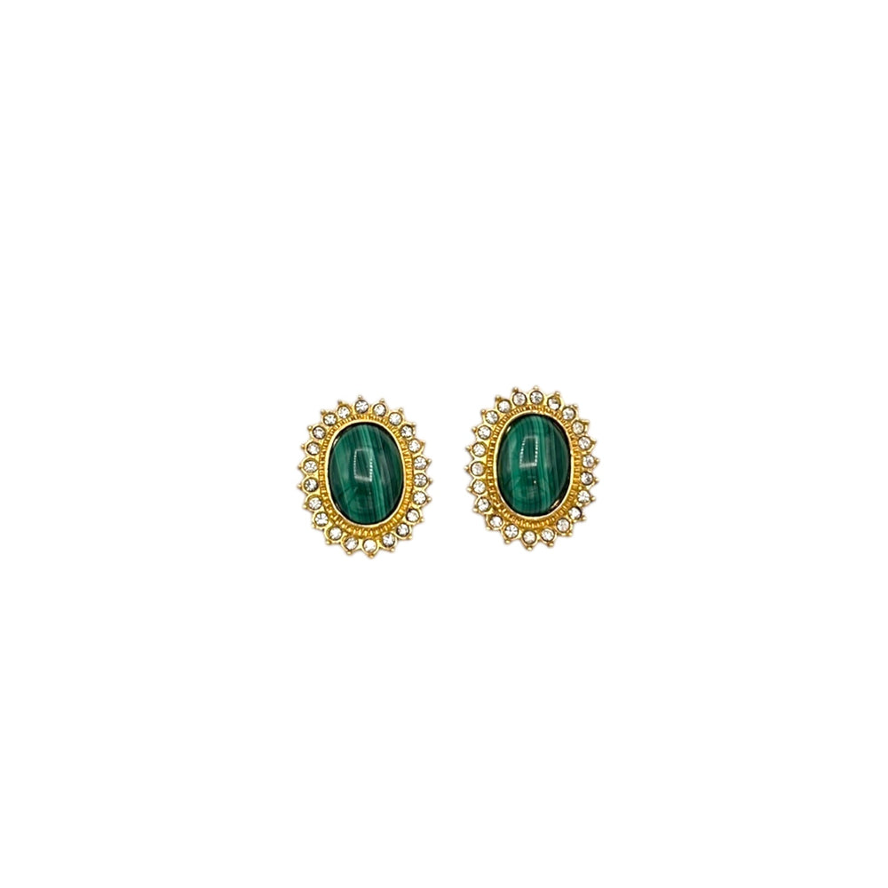 Butler Gold Green Malachite Oval Cabochon Vintage Crystal Halo Pierced Earrings 24 Wishes Vintage Jewelry