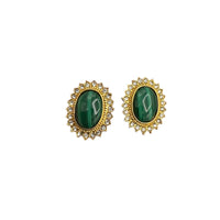 Butler Gold Green Malachite Oval Cabochon Vintage Crystal Halo Pierced Earrings 24 Wishes Vintage Jewelry