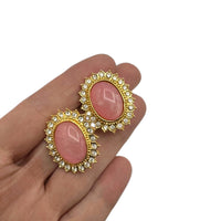 Butler Gold Pink Oval Cabochon Halo Vintage Crystal Statement Pierced Earrings 24 Wishes Vintage Jewelry