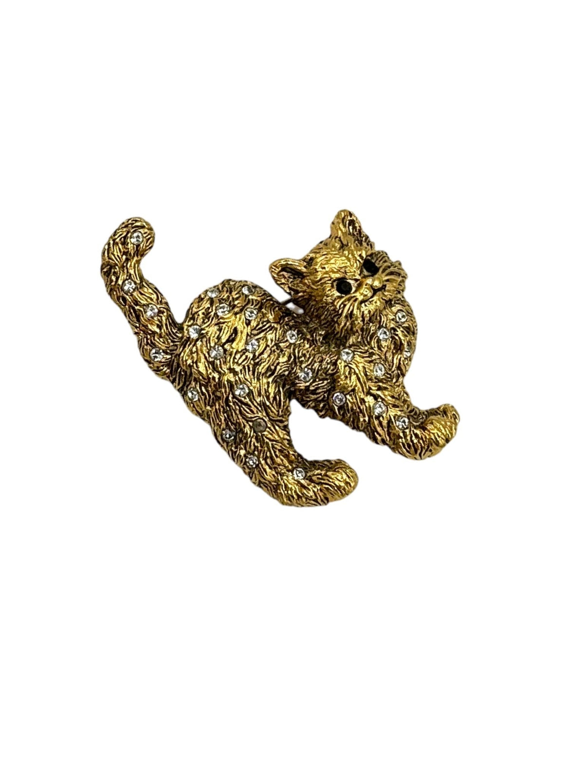 Butler Gold Textured Rhinestone Cat Brooch Pin - 24 Wishes Vintage Jewelry