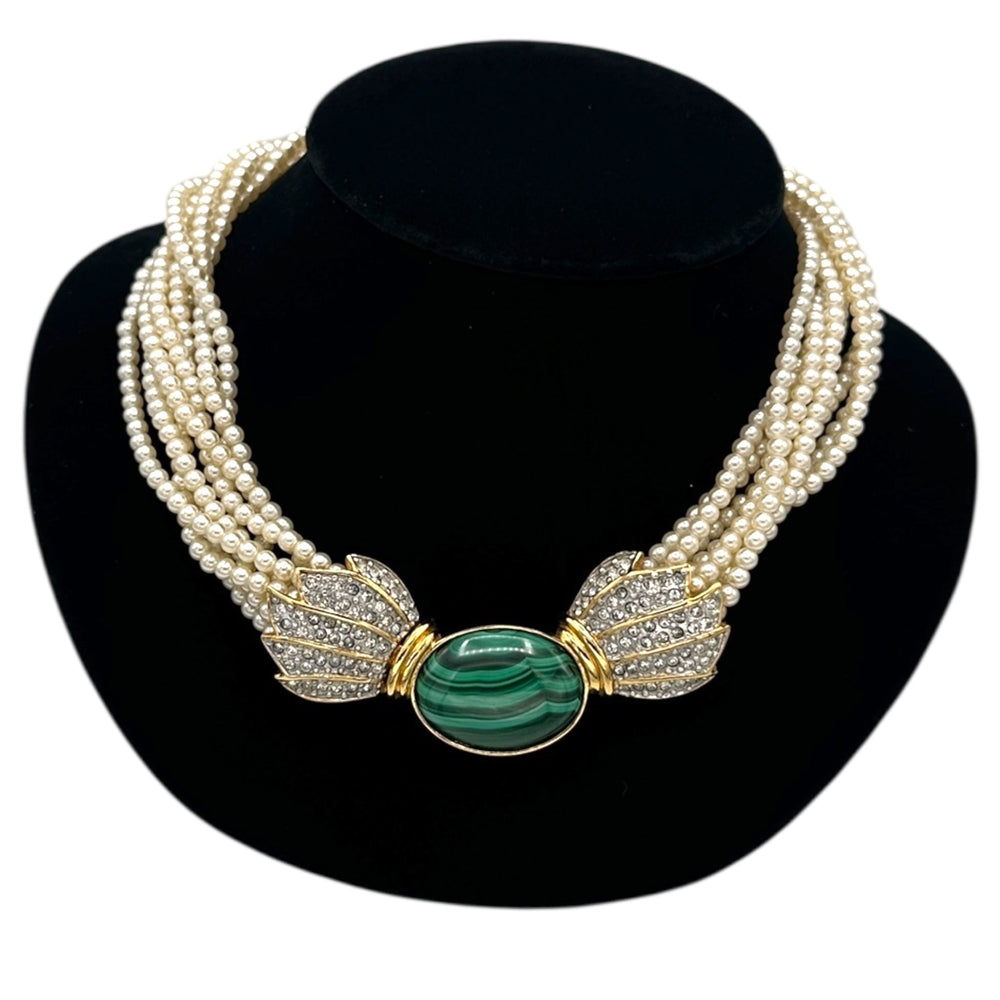 Butler Multi - Strand Faux Pearl Statement Necklace Vintage Green Malachite Oval Pendant Designer Jewelry 24 Wishes Vintage Jewelry