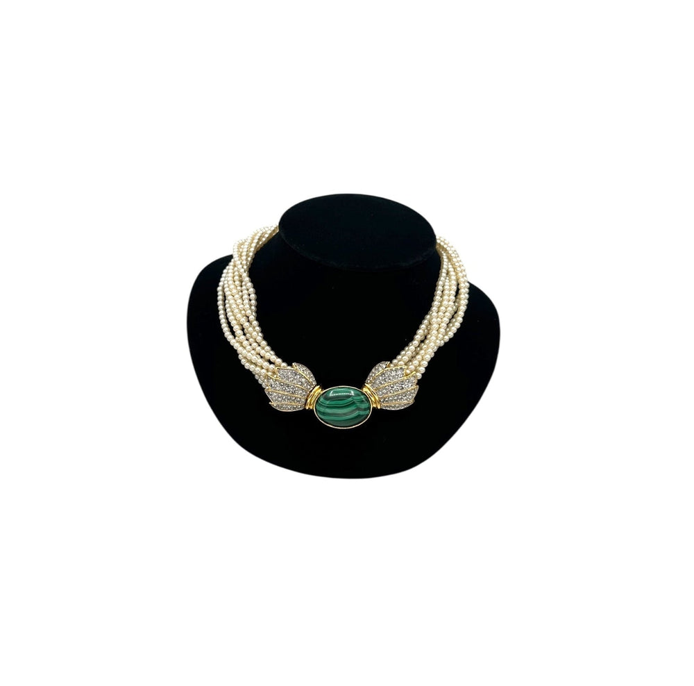 Butler Multi - Strand Faux Pearl Statement Necklace Vintage Green Malachite Oval Pendant Designer Jewelry 24 Wishes Vintage Jewelry