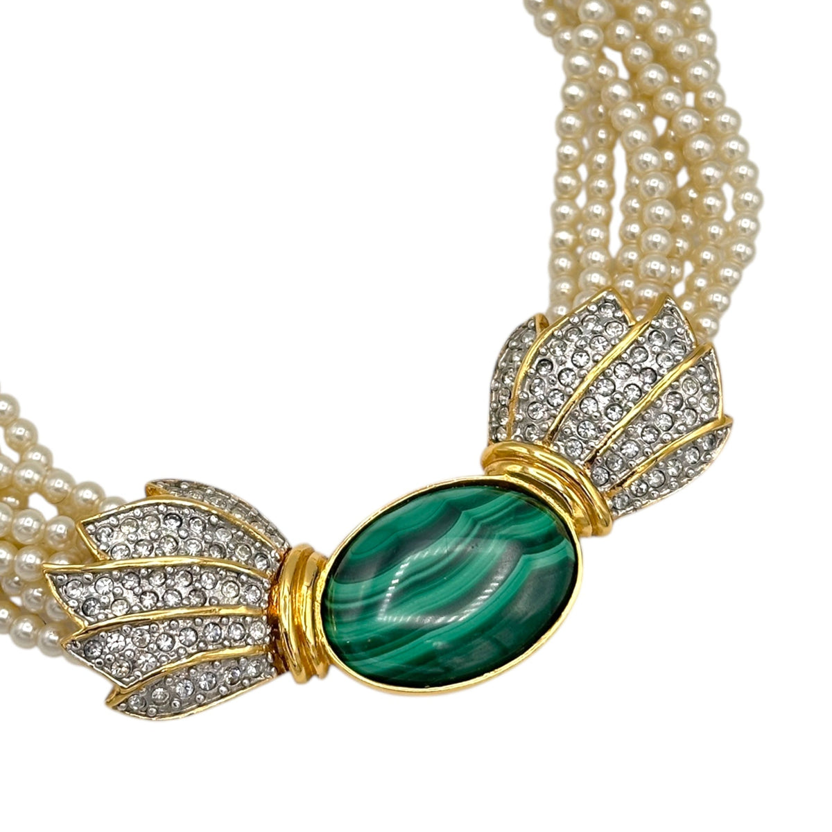 Butler Multi - Strand Faux Pearl Statement Necklace Vintage Green Malachite Oval Pendant Designer Jewelry 24 Wishes Vintage Jewelry