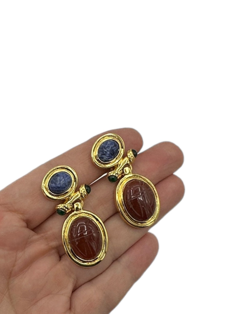 Carnelian Sodalite Scarab Cabachon Egyptian Revival Dangle Drop Gold Clip - on Earrings - 24 Wishes Vintage Jewelry