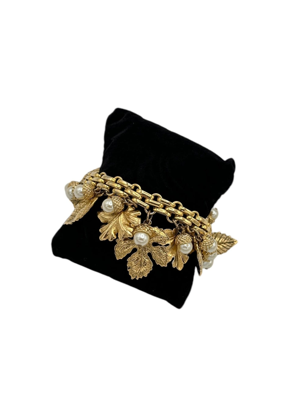 Carolee Gold Leaf & Acorn Pearl Vintage Charm Bracelet - 24 Wishes Vintage Jewelry