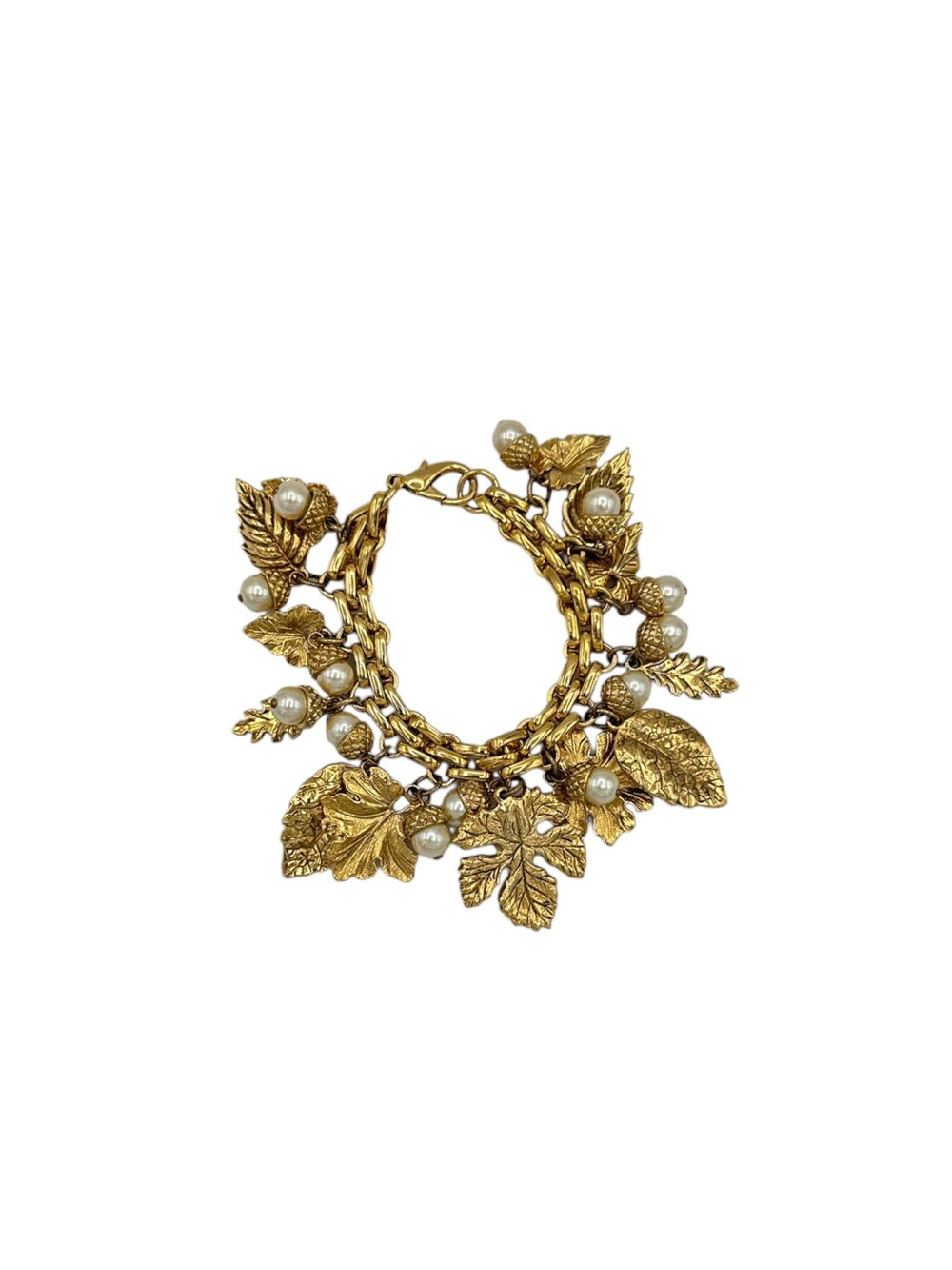 Carolee Gold Leaf & Acorn Pearl Vintage Charm Bracelet - 24 Wishes Vintage Jewelry