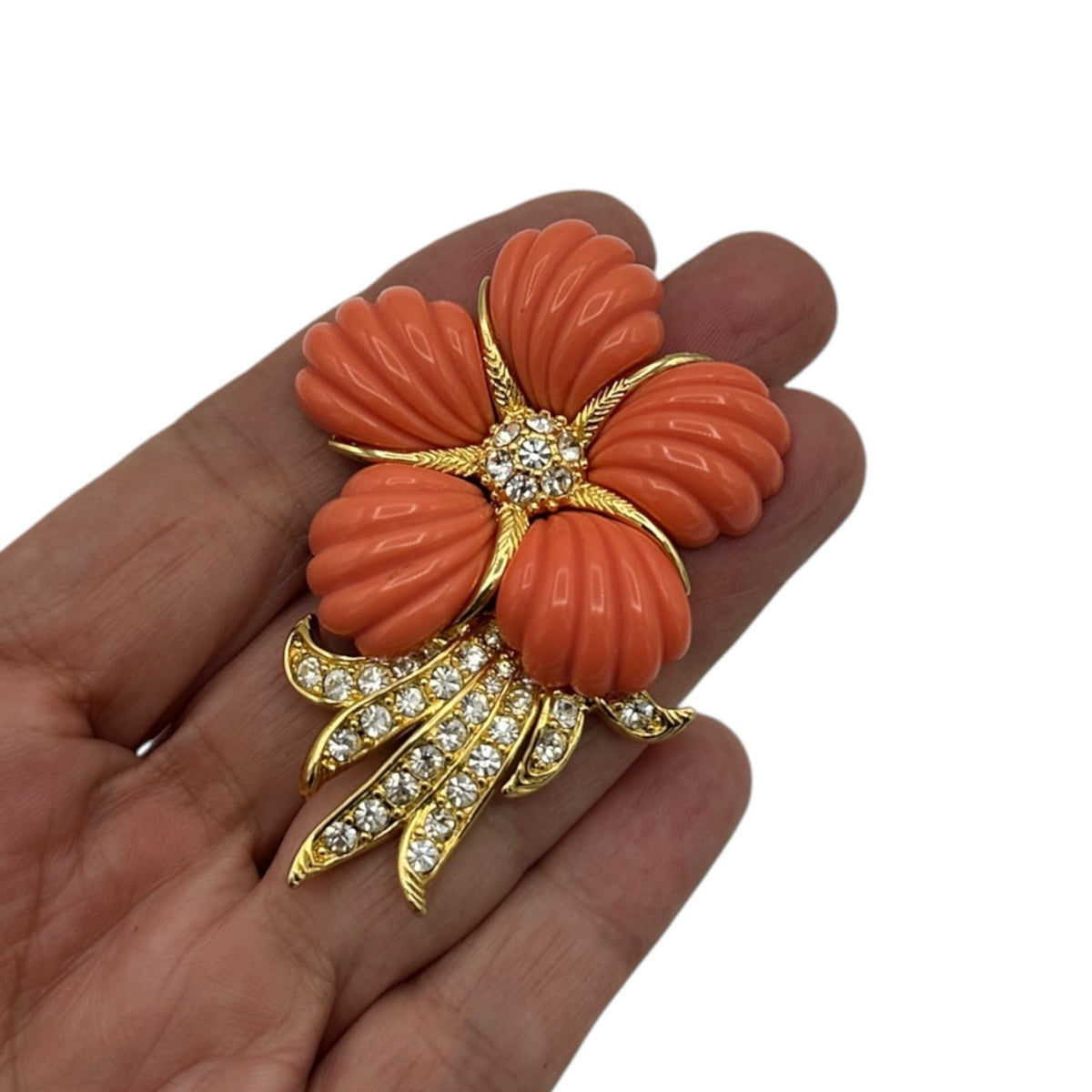 Nolan Miller Gold Coral Flower Rhinestone Brooch