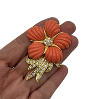 Nolan Miller Gold Coral Flower Rhinestone Brooch