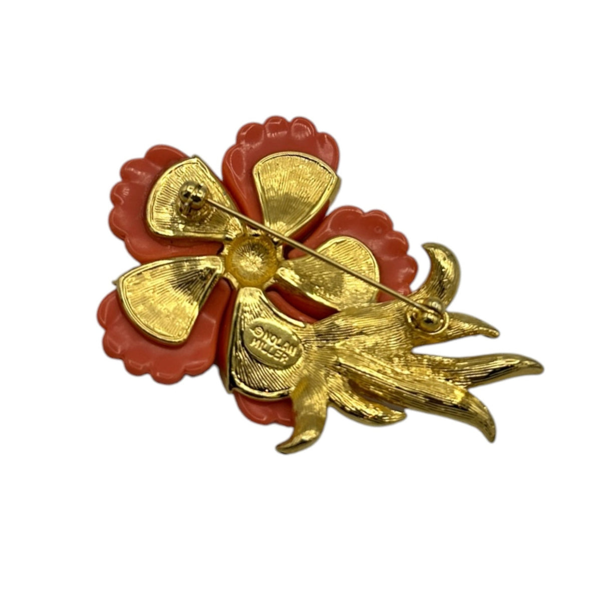 Nolan Miller Gold Coral Flower Rhinestone Brooch