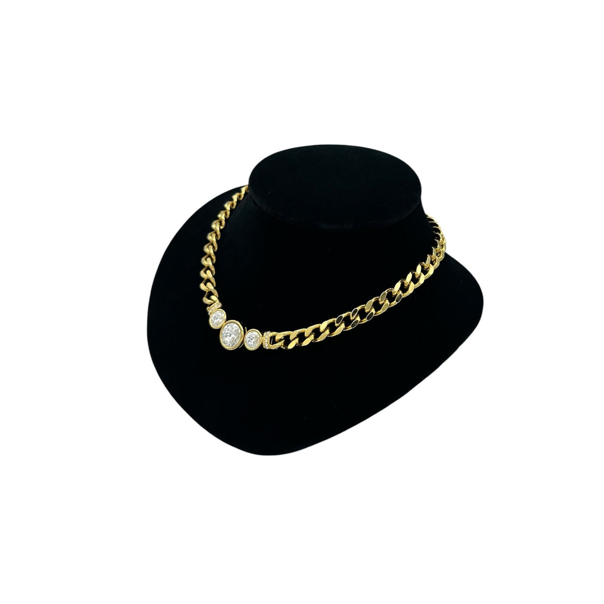 Vintage Gold Cuban Link Chain Necklace with Rhinestones