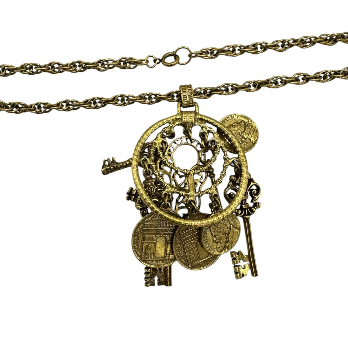 Necklaces & PendantsChatelaine Style Gold Filigree Key Coin Padlock Necklace
