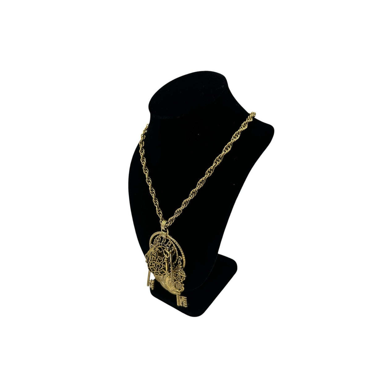 Necklaces & PendantsChatelaine Style Gold Filigree Key Coin Padlock Necklace
