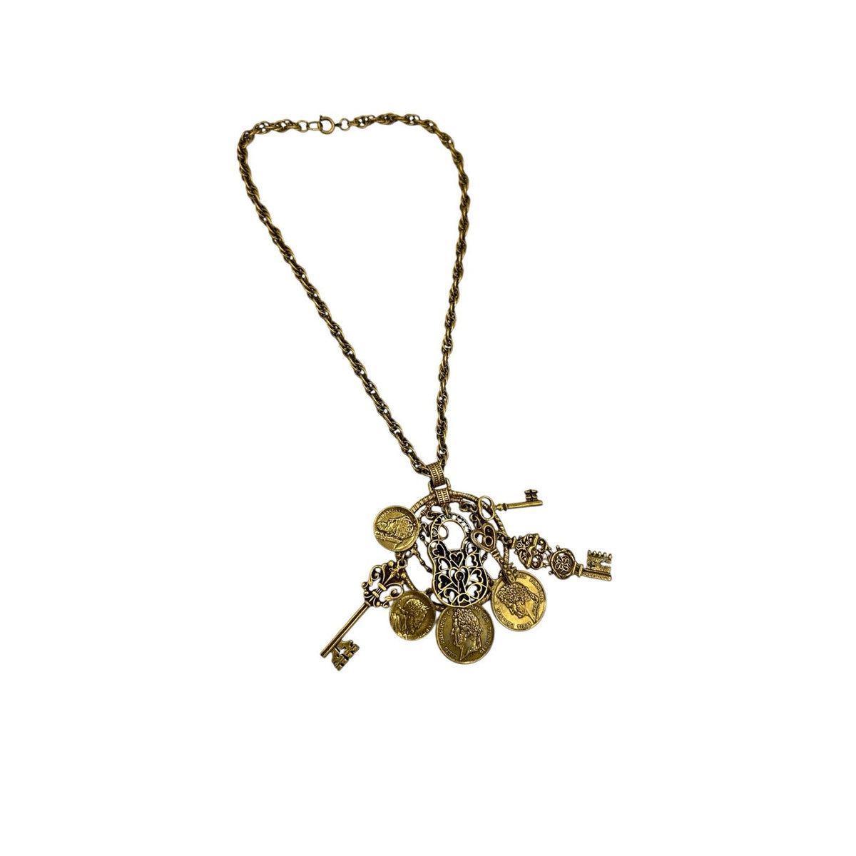 Necklaces & PendantsChatelaine Style Gold Filigree Key Coin Padlock Necklace