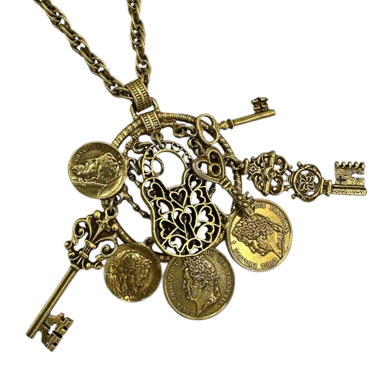Necklaces & PendantsChatelaine Style Gold Filigree Key Coin Padlock Necklace