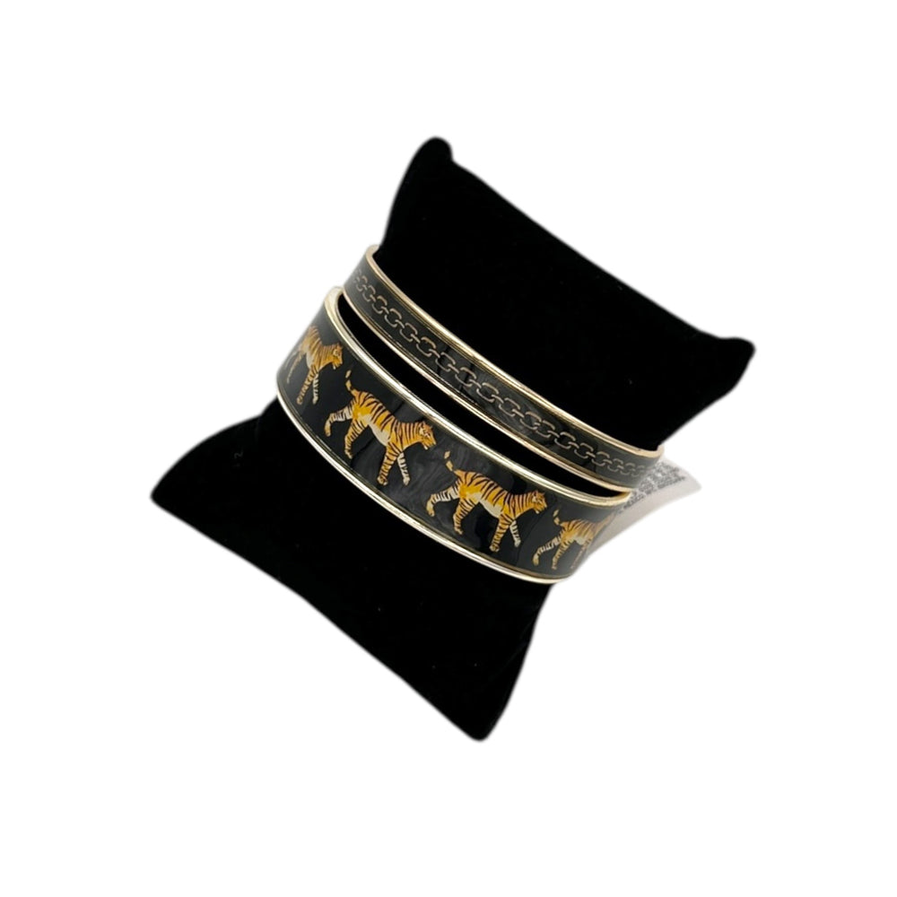 Chico’s Black Enamel Tiger Bangle Bracelet Set Animal Print Statement Jewelry 24 Wishes Vintage Jewelry