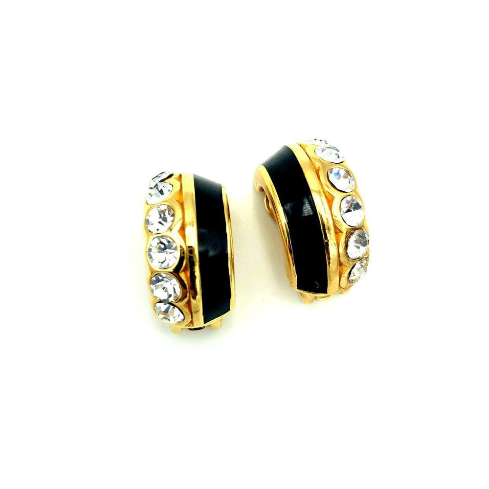 Christian Dior Gold & Black Enamel Half Hoop Vintage Clip - On Earrings - 24 Wishes Vintage Jewelry