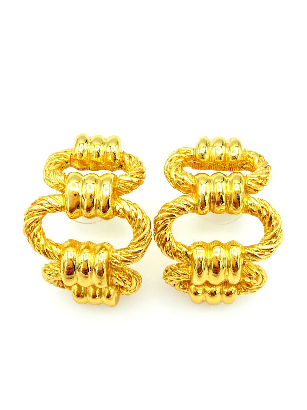 Christian Dior Gold Chain Link Half Chunky Hoop Vintage Pierced Earrings - 24 Wishes Vintage Jewelry
