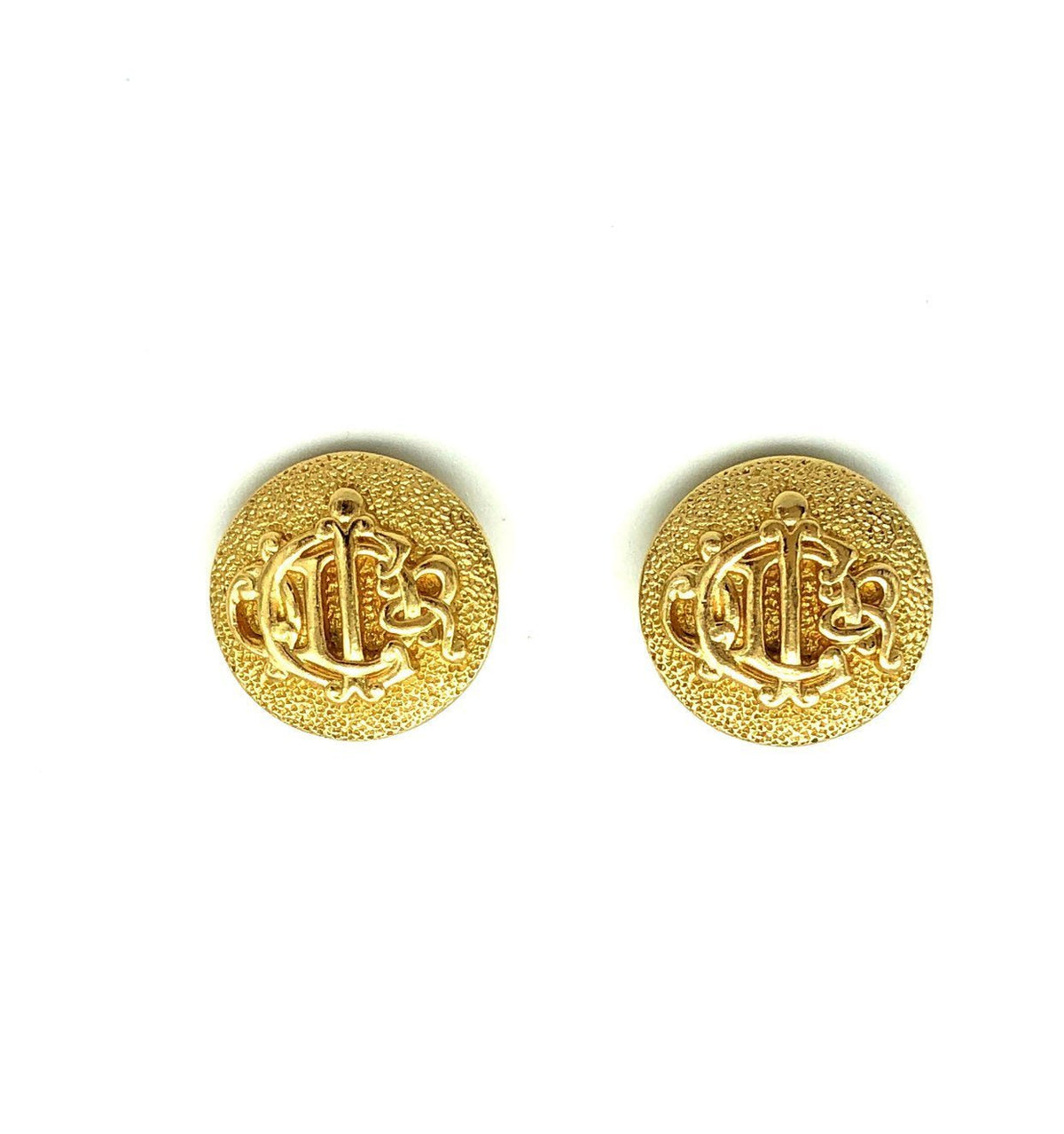Christian Dior Gold Logo Monogram Vintage Clip - On Earrings - 24 Wishes Vintage Jewelry