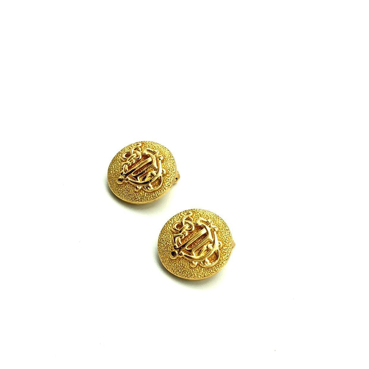 Christian Dior Gold Logo Monogram Vintage Clip - On Earrings - 24 Wishes Vintage Jewelry