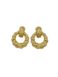 Christian Dior Gold Rhinestone Twisted Door Knocker Clip - On Earrings - 24 Wishes Vintage Jewelry