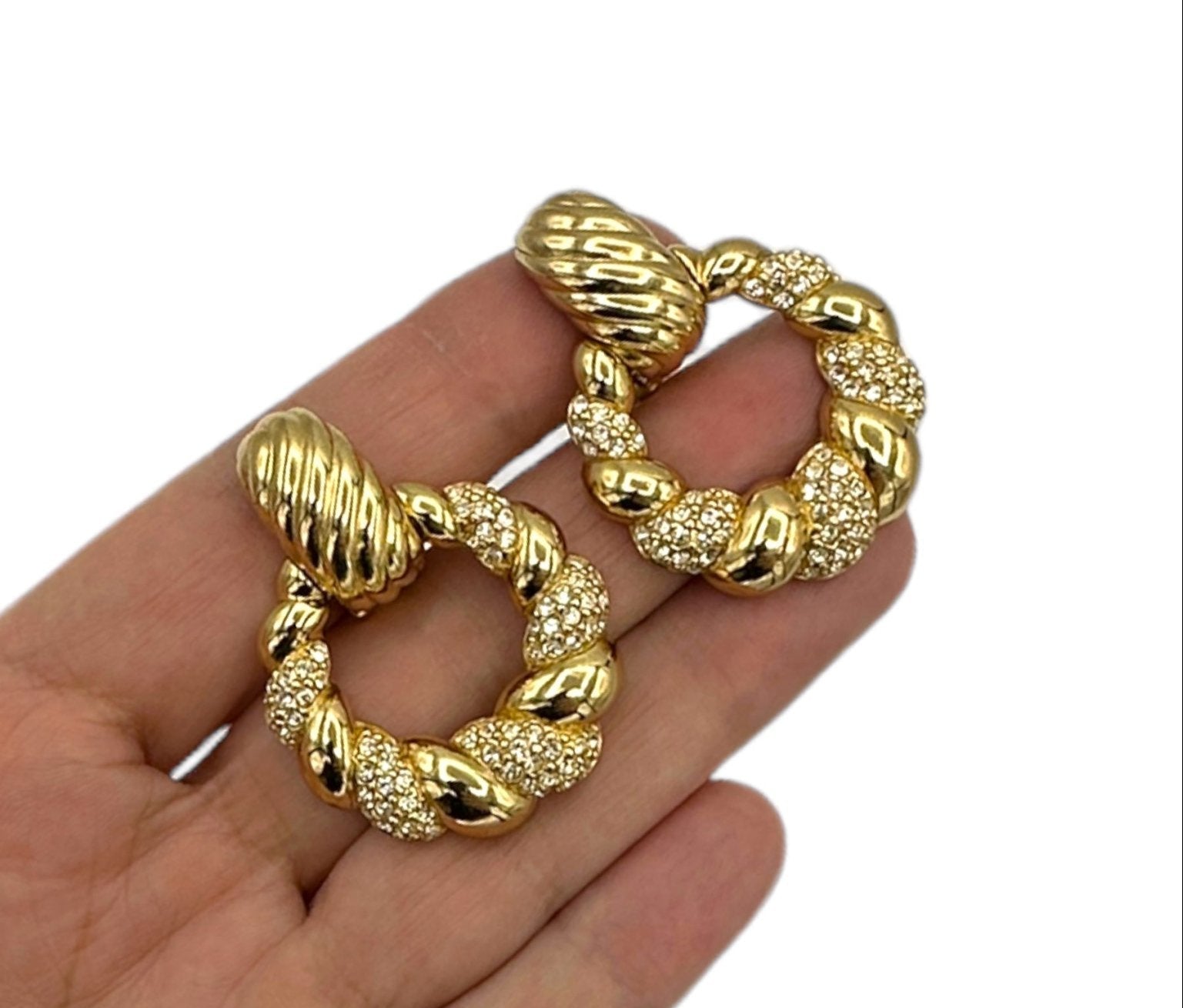 Christian Dior Rhinestone Twisted Door Knocker Gold Clip-On