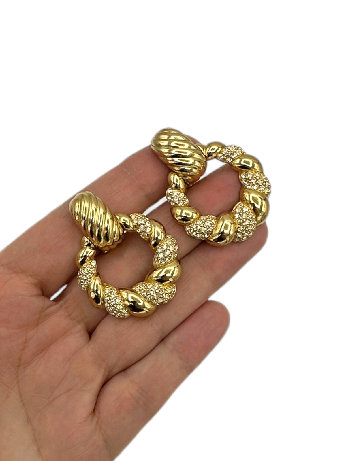 Christian Dior Gold Rhinestone Twisted Door Knocker Clip - On Earrings - 24 Wishes Vintage Jewelry