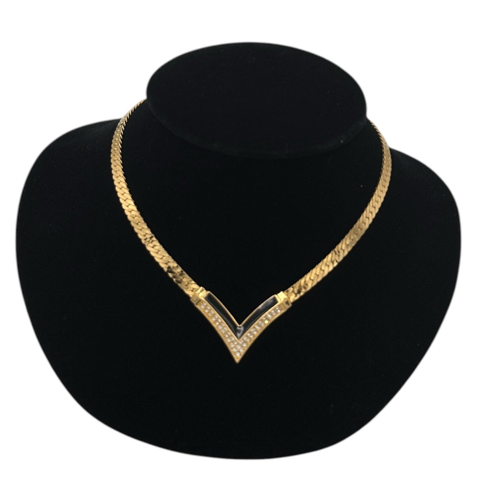 Necklaces & PendantsChristian Dior Signed Gold Chevron Black Enamel Clear Crystal Chain Necklace Vintage Designer