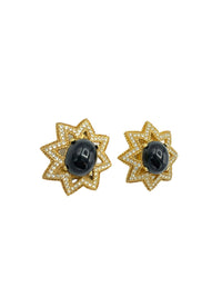 Ciner Gold Black Cabochon Rhinestone Vintage Statement Clip - On Earrings - 24 Wishes Vintage Jewelry