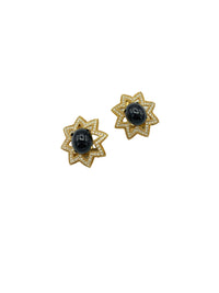 Ciner Gold Black Cabochon Rhinestone Vintage Statement Clip - On Earrings - 24 Wishes Vintage Jewelry