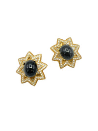 Ciner Gold Black Cabochon Rhinestone Vintage Statement Clip - On Earrings - 24 Wishes Vintage Jewelry