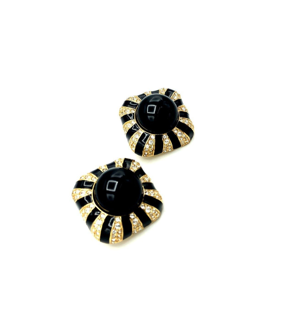 Ciner Gold Black Enamel Rhinestone Vintage Statement Clip - On Earrings - 24 Wishes Vintage Jewelry