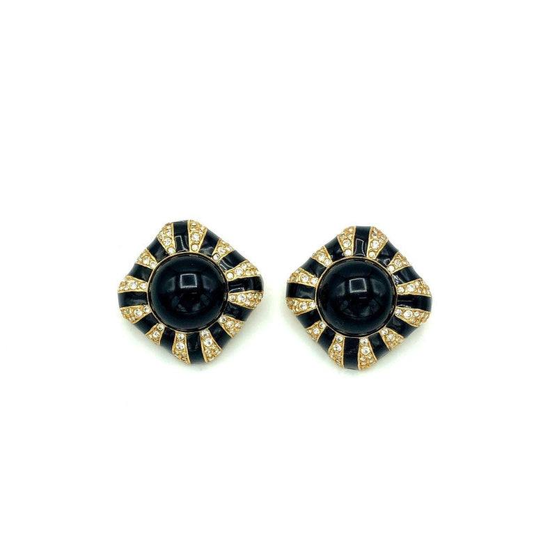 Ciner Gold Black Enamel Rhinestone Vintage Statement Clip - On Earrings - 24 Wishes Vintage Jewelry