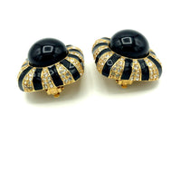 Ciner Gold Black Enamel Rhinestone Vintage Statement Clip - On Earrings - 24 Wishes Vintage Jewelry