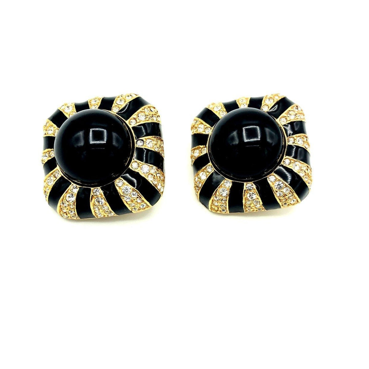 Ciner Gold Black Enamel Rhinestone Vintage Statement Clip - On Earrings - 24 Wishes Vintage Jewelry