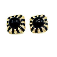 Ciner Gold Black Enamel Rhinestone Vintage Statement Clip - On Earrings - 24 Wishes Vintage Jewelry