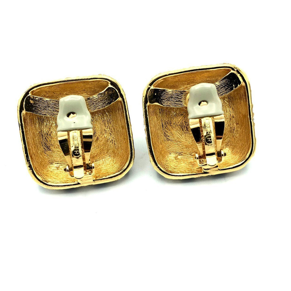 Ciner Gold Black Enamel Rhinestone Vintage Statement Clip - On Earrings - 24 Wishes Vintage Jewelry