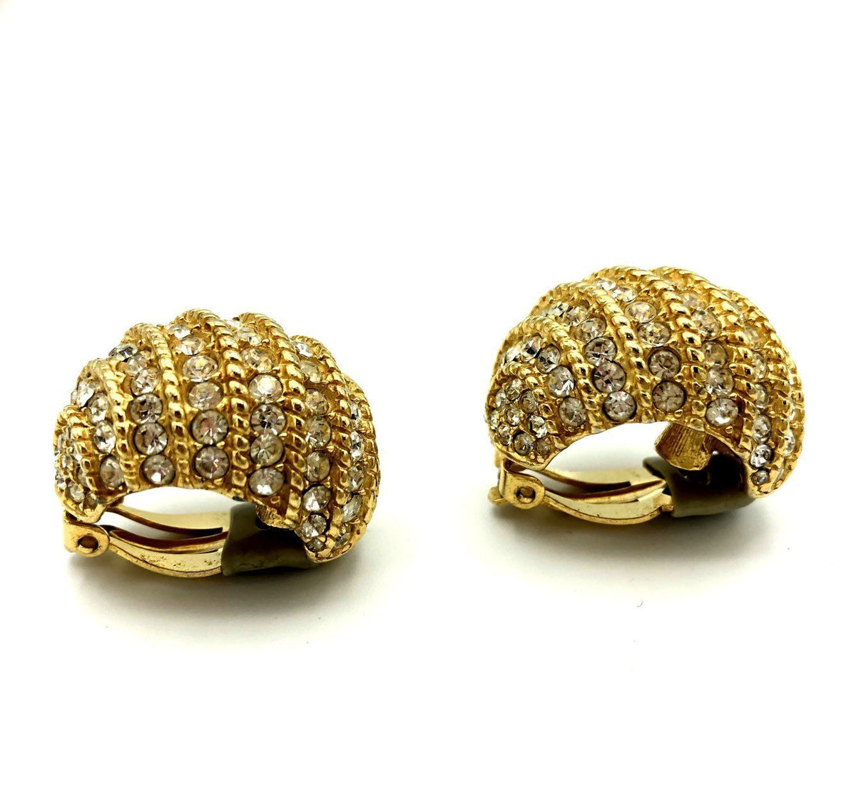 Ciner Gold Half Hoop Rhinestone Vintage Clip - On Earrings - 24 Wishes Vintage Jewelry