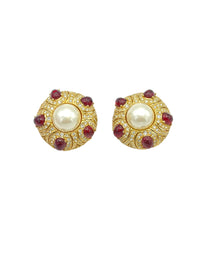 Ciner Gold Ruby Cabochon & Pearl Vintage Clip - On Earrings - 24 Wishes Vintage Jewelry