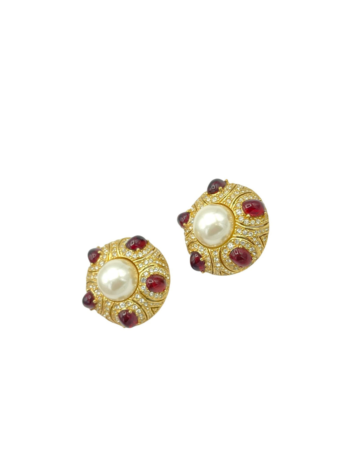 Ciner Gold Ruby Cabochon & Pearl Vintage Clip - On Earrings - 24 Wishes Vintage Jewelry