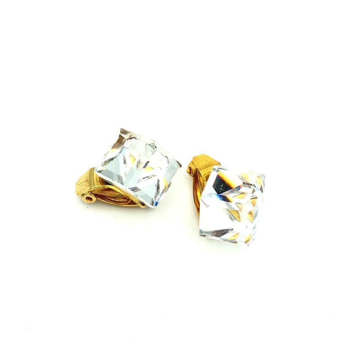 Classic Faceted Crystal Cube Square Vintage Clip - On Earrings - 24 Wishes Vintage Jewelry