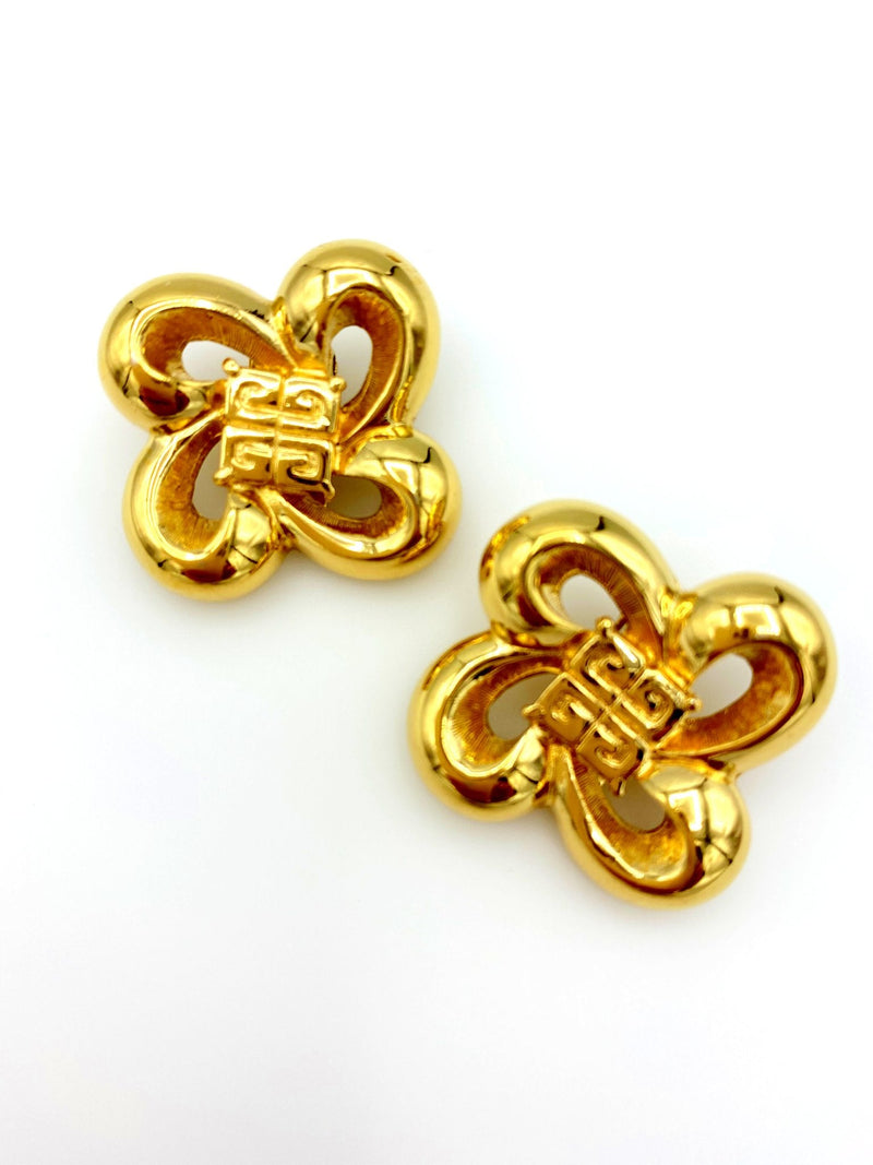 Classic Givenchy Gold Bow Logo Vintage Clip - On Earrings - 24 Wishes Vintage Jewelry