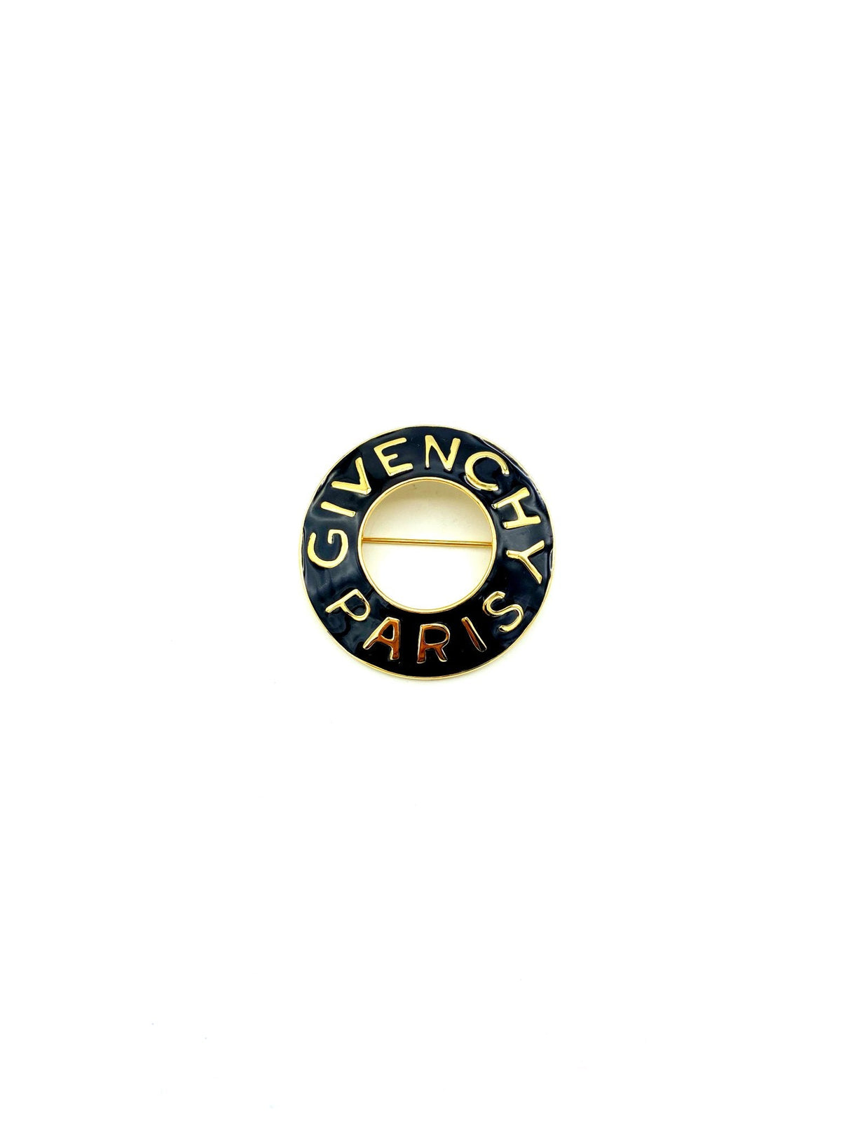 Classic Gold Givenchy Open Circle Black Enamel Logo Brooch Pin - 24 Wishes Vintage Jewelry