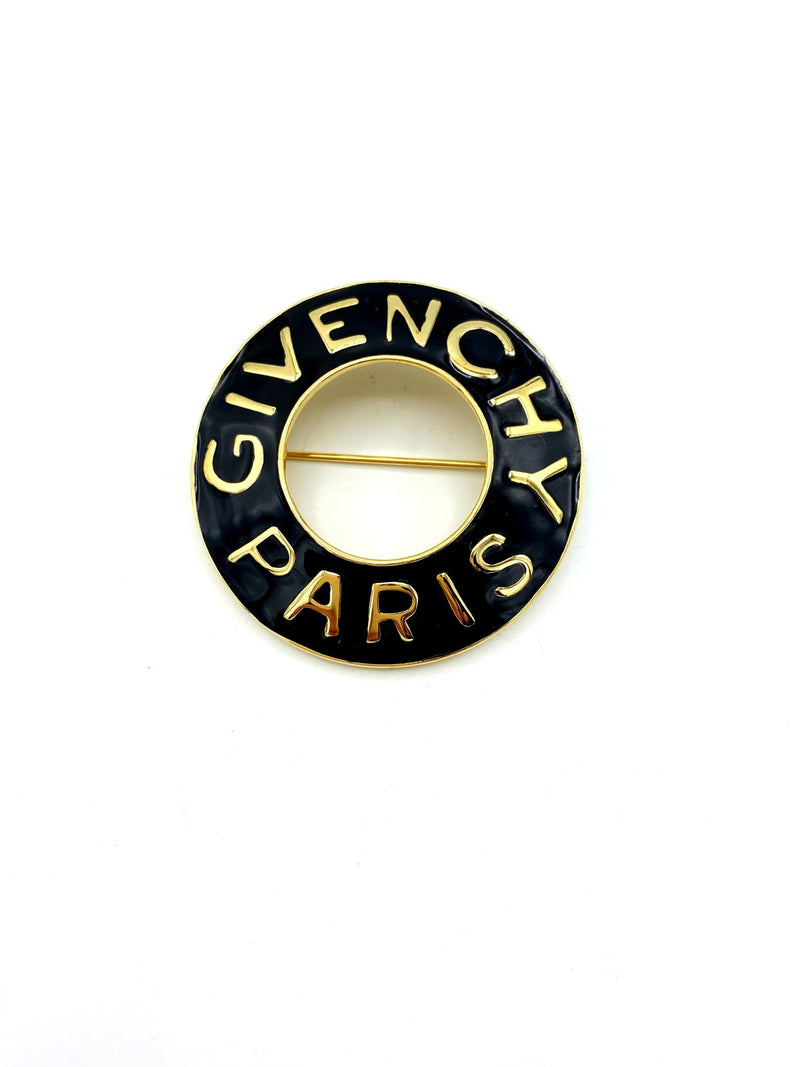 Classic Gold Givenchy Open Circle Black Enamel Logo Brooch Pin - 24 Wishes Vintage Jewelry