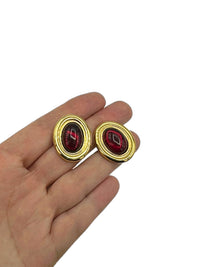 Classic Gold Monet Oval Ruby Red Cabochon Clip - On Earrings - 24 Wishes Vintage Jewelry