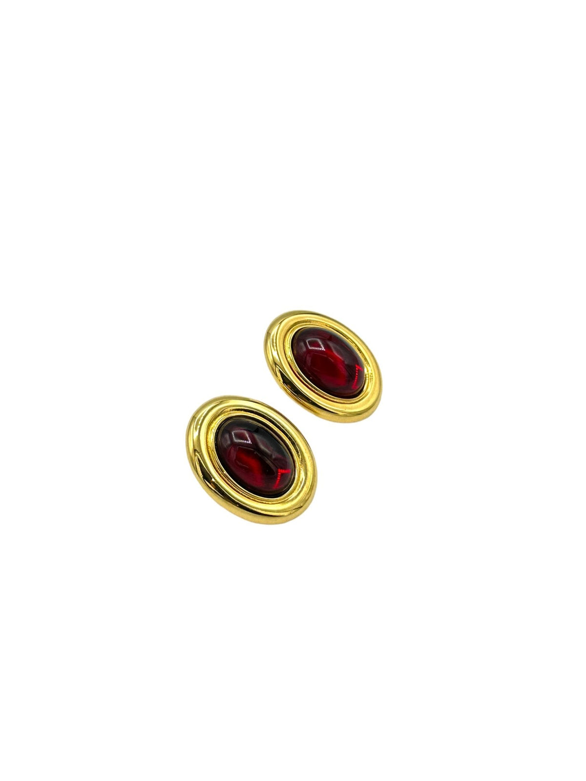 Classic Gold Monet Oval Ruby Red Cabochon Clip - On Earrings - 24 Wishes Vintage Jewelry